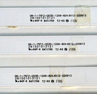 KIT DE LEDS ORIGINAL PARA TV ONN 12 PIEZAS / NUMERO DE PARTE 261501013121 / 06-1-75FZ-0D35-12X6-824.6X12-220913 / 06-1-75FZ-OD35-12X6-824.6X12-220913 / 230101028440 / PANEL HK750WLEDM-SH1AH / DISPLAY JR745R3HA2Y / MODELO 100044717 75" - Imagen 3