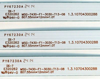 KIT DE LEDS ORIGINAL PARA TV EVL 3 PIEZAS / NUMERO DE PARTE 1.3.10704300288 / MSG-T430-F1-3030-T13-08 / B5-2 3.2-3.4V 270-280LM / PANEL PT430GT02-1 / DISPLAY PT430GT02-1 VER.1.0 / MODELO 43EVLS4 - Imagen 3