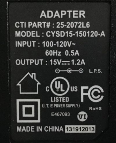 ADAPTADOR DE FUENTE DE ALIMENTACIÓN VCA -VCD / 25-2072L6 / OUTPUT:15V- 1.2A / CTI#25-2072L6 / 10.0MM / MODELO CYSD15-150120-A - Imagen 2