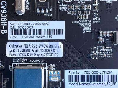 MAIN PARA TV ELEMENT / NUM DE PARTE CV938H-B / CV938H_B_32 / 103200024 / E17188-SY / E17175-5-SY / E17062-SY / E17175-3 / 7.D938HB32000 / 890-M00-01E11 / PANEL T500-0UK-DLED / DISPLAY T500QVN03.0 / MODELOS EL4KAMZ5017 LE-50GUK-A1 / EL4KAMZ5017T  - Imagen 3