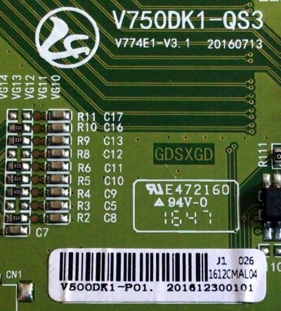 T-CON PARA TV PROSCAN / NUMERO DE PARTE 1612CMAL04 / V750DK1-QS3 / V774E1-V3.1 / V500DK1-P01 / 201612300101 / PANEL XYD50BA03 / MODELO PLDED5068A-D - Imagen 2