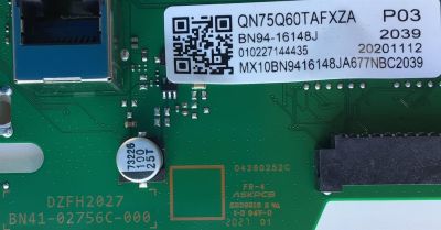 MAIN PARA SMART TV SAMSUNG / NUMERO DE PARTE BN94-16148J / BN41-02756C / BN97-18019A / 010227144435 / 20201112 / BN96-51294U / PANEL CY-RT075HGSV2H / DISPLAY JR745R3HA4K / BN96-51821A / MODELO QN75Q60TAFXZA UB03  - Imagen 3