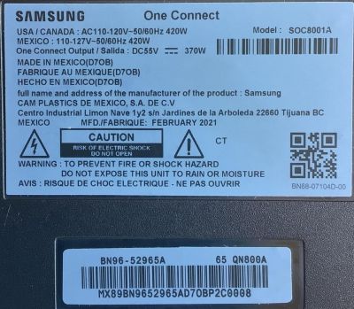 CAJA ONE CONNECT PARA TV SAMSUNG ((USADO)) / NUMERO DE PARTE BN96-52965A / BN44-01126A / BN9652965A / BN4401126A / SOC8001A / S0C8001A / MODELO QN65QN800 / QN65QN800AFXZA AB02 - Imagen 4