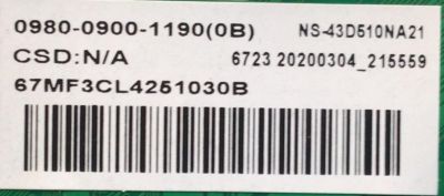 MAIN PARA TV INSIGNIA / NUMERO DE PARTE 0980-0900-1190 / TP.MS3553W.PB762 / H20031006 / 0980-0900-1190(0B) / ST4251B03-2 / 67MF3CL4251030B / MODELO NS-43D510NA21 - Imagen 2