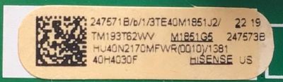 MAIN FUENTE PARA TV HISENSE MAIN 247571 / RSAG7.820.8317/ROH / 3TE40M1851J2 / TM193T62WV / M1851G5 / 2475738 / PANEL JHD400N2F31-TXL2QL/S5/GM/ROH / MODELO 40H4030F - Imagen 2
