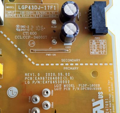 FUENTE DE PODER PARA TV LG / NUMERO DE PARTE EAY64530002 / EAX67264002 / EAX67264002(1.0) / 64530002 / 3PCR01939B / PLDF-L602B / PANEL NC430DUE-VHHX1 / MODELO 43LM5700PUA / 43LM5700PUA.BUSSLJM - Imagen 3