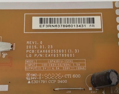 FUENTE DE PODER PARA TV LG / NUMERO DE PARTE EAY63789601 / EAX66252601 / EAX66252601 (1.3) / 63789601 / PANEL NC430EGE / DISPLAY LC430EGY (SH)(A1) / MODELO 43UF6900 / 43UF6900-UC / 43UF6900-UC.BWMYLJR - Imagen 2