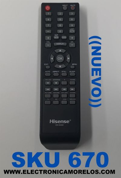 CONTROL REMOTO NUEVO PARA TV HISENSE ORIGINAL / NUMERO DE PARTE EN-KA92 / 175873 / XHY20160912 / IEC R03 / MODELOS 32d37 / 32h3b1 / 32h3b2 / 32h3 C / 32h3e / 40h3b / 40h3 C / 40h3e