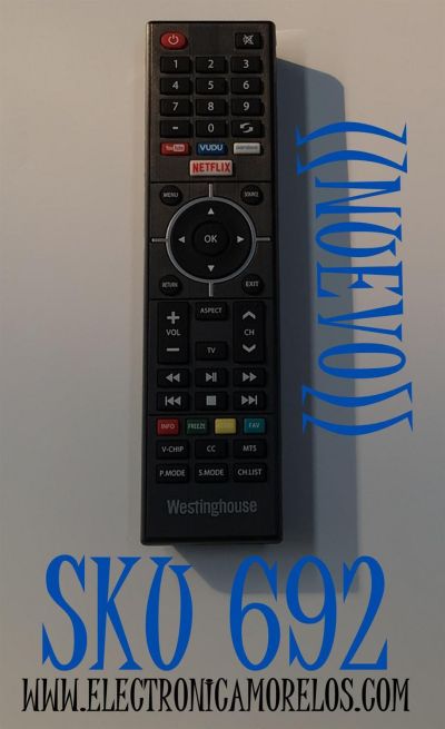 CONTROL REMOTO ORIGINAL NUEVO PARA TV WESTINGHOUSE / NUMERO DE PARTE TY-49C / TY-49C(2) / TY-49C-1 / WS-2258 / MODELO WD40FB2530 / WE50UB4417 / WE55UB4417 / WE55UDT108 / WD32HBB101 / WD43UB4530 / COMPATIBLE CON SMART TV / LED / LCD / 4K UHD