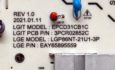 FUENTE DE PODER ORIGINAL PARA TV LG / NUMERO DE PARTE EAY65895559 / EPCD31CB1C / 3PCR02852C / LGP86NT-21U1-3P / 65895559 / PANEL NC860TQF-AAKH6 / DISPLAY LC860DQR (SR)(A1) / MODELO  86UQ7070ZUD / 86UQ7070ZUD.BUSYFKR - Imagen 2