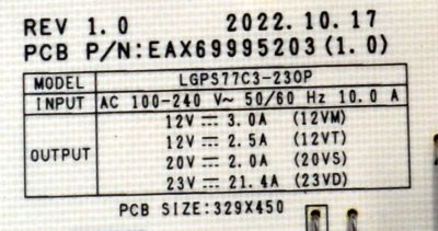 FUENTE DE PODER ORIGINAL PARA TV LG / NUMERO DE PARTE 41959901 / EAX69995203 / EAX69995203(1.0) / LGPS77C3-23OP / MODELO OLED77C4AUA / OLED77C4AUA.DUSQLJR - Imagen 3