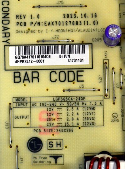 FUENTE DE PODER ORIGINAL PARA TV LG / NUMERO DE PARTE 41701101 / EAX70127603 / EAX70127603(1.0) / LGPS65C4-24OP / MODELO OLED65C4AUA / OLED65C4AUA.DUSQLJR - Imagen 2