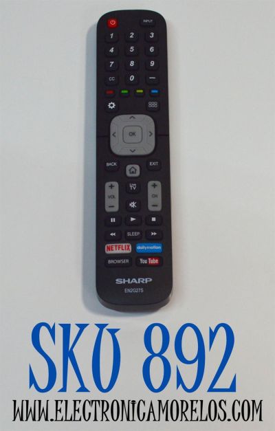 CONTROL REMOTO ORIGINAL PARA SMART TV SHARP / NUMERO DE PARTE  EN2G27S / YKQR2A / EN2A27S / EN2A27ST / EN2027S / MODELO LN-75N8000 / LC-40N5000 / LC50N6000 / LC-55N7000 / LC-43N6100 / LC-55N620CU / COMPATIBLE CON ALGUNOS MODELOS DE LA MARCA HISENSE