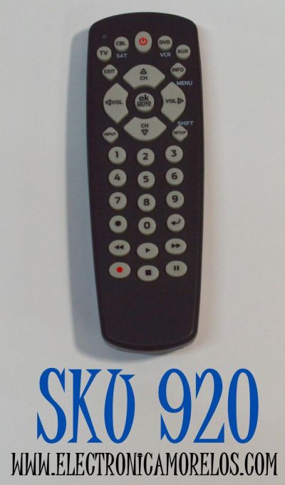 CONTROL REMOTO ONN PARA CONTROLAR VARIOS EQUIPOS DE AUDIO Y VIDEO COMO TELEVISORES / REPRODUCTORES DE DVD/VCR  / DECODIFICADORES DE CABLE/SATELITE / FUNCIONA CON VARIAS MARCAS / NUMERO DE PARTE ONB13AV004 / WD-1232C / P13005