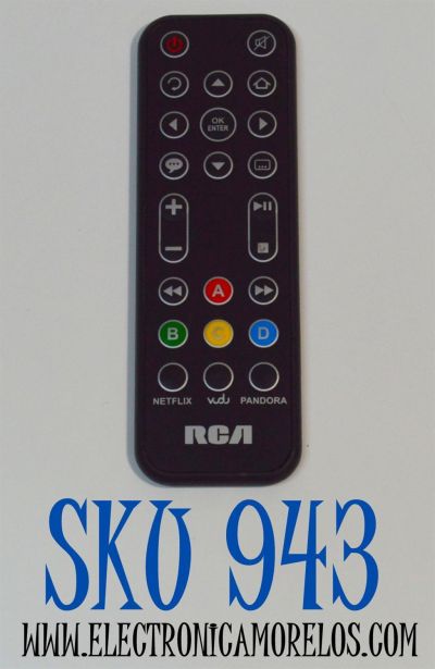 CONTROL REMOTO ORIGINAL RCA / NUMERO DE PARTE RCA 679-4981 / CUENTA CON ACCESO DIRECTO APLICACIONES DE STREAMING NETFLIX / VUDU / PANDORA / COMPATIBLE REPRODUCTOR MULTIMEDIA RCADSB776W / DSB772WE