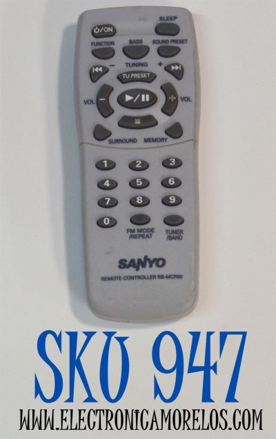 CONTROL REMOTO ORIGINAL SANYO PARA EQUIPOS DE AUDIO COMO REPRODUCTORES DE CD Y CASETES / COMPATIBLE CON EQUIPO DE AUDIO SANYO/FISHER / NUMERO DE PARTE RB-MCR60 / 344-1 / MODELO AWM660 / RT64506387 / DC-MCR60