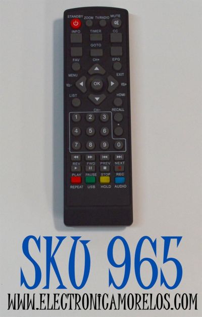 CONTROL REMOTO PARA DECODIFICADOR DVB-T2 / COMPATIBLE CON MULTIPLES MARCAS / CUENTA CON BOTONES DEDICADOS PARA FUNCIONES COMUNES COMO EPG / FAV / INFO / TIMER / USB 