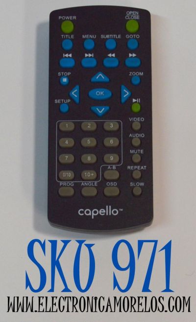 CONTROL REMOTO ORIGINAL PARA REPRODUCTOR DE DVD CAPELLO / NUMERO DE PARTE CAP001 / MBE345 / MODELO CVD2216 / CVD2216BLK / CVD2216PNK / MVD-2040