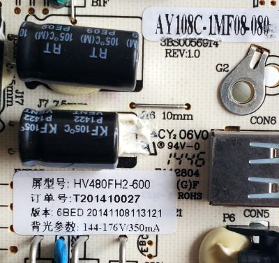 KIT DE TARJETAS PARA TV VIOS / MAIN M3393L08.S108.020 / M3393L08.S02 / 3BD0009114 / AY1450A / FUENTE AY108C-1MF08-080 / 3BS0056914 / HV480FH2-600 / T201410027 / 6BED 20141108113121 / PANEL CN48HC820 / DISPLAY HV480FH2-600 / MODELO VLEDTV4814 - Imagen 3