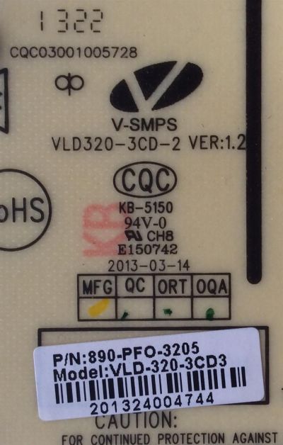 FUENTE DE PODER / SEIKI 890-PFO-3205 / VLD320-3CD-2 VER:1.2 / CQC03001005728 / MODELO SC32HT04	 - Imagen 2